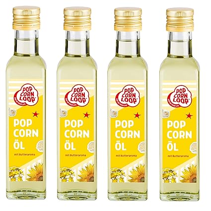 Popcorn Ol Fur Mais 4 X 250 Ml Flaschen Hocherhitzbar Butter High Oleic Fett Mit Butteraroma Buttergeschmack Oil Omega Hocherhitzbares Bratol Popcornmaschine Zucker Salz Rapsol Sonnenblumenol Amazon De Lebensmittel Getranke