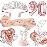 90th Birthday Decorations for Women, 90th Birthday Sash, 90th Birthday Crown, 90th Birthday Cake Topper, Balloons, Pin and Candle Set, Rose Gold