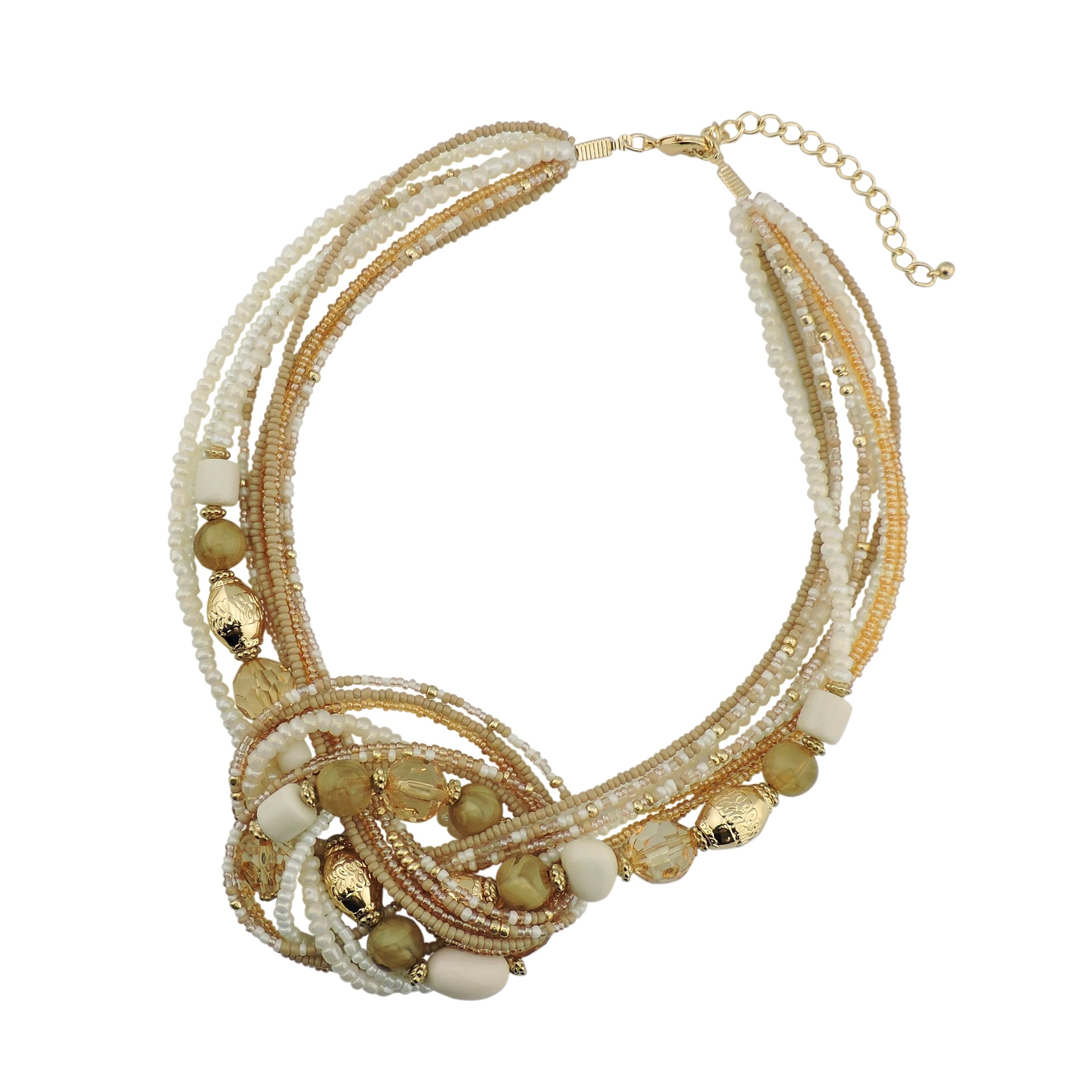 Bocar Aquamarine Seed Beads Antique Gold Multilayer Statement Collar Necklace (NK-10345-Light Brown)