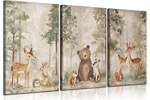MIZILI 3Pcs Woodland Animal Nursery Canvas wall art Wild Animals Forest Paintings Pictures Wall Decor Fox Bear Deer Watercolor Poster Printing Artwork for Boys Room Girls Room Home Decoration