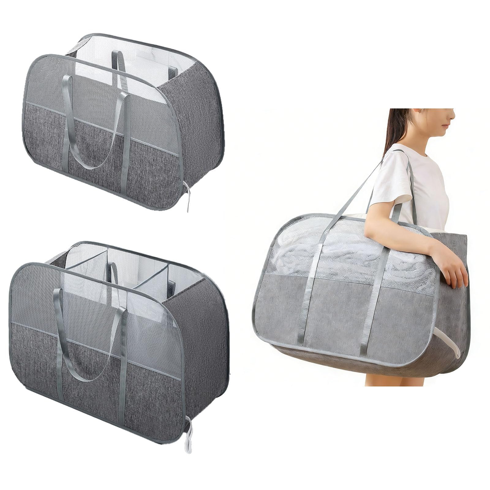 Photo 1 of ?Pack collapsible laundry baskets with handles, Laundry Basket Collapsible,Pop Up Mesh Laundry Hamper with Compartments, Foldable Small Laundry Bin Bag (Gray) (Gray)