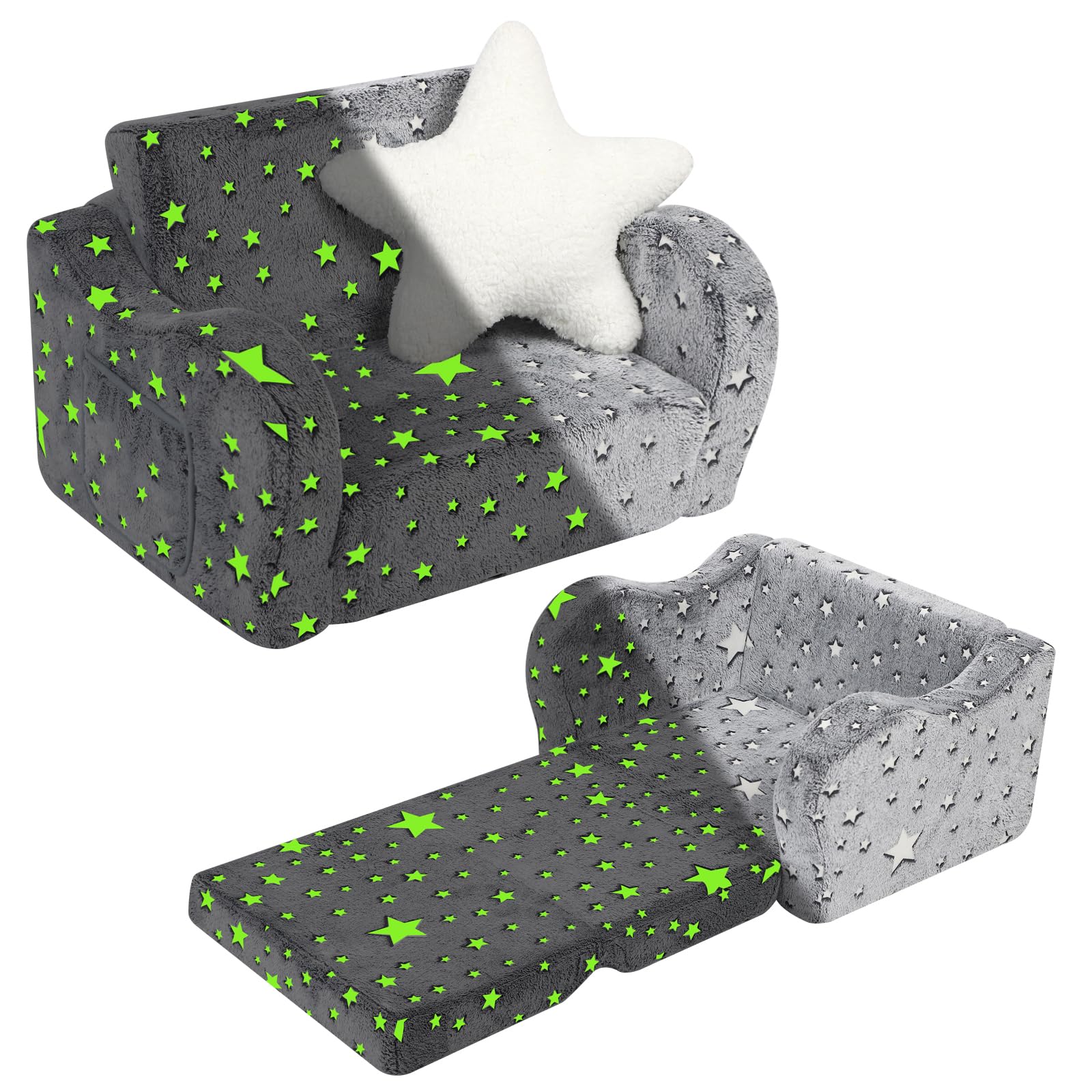 Photo 1 of MOMCAYWEX Star Glow in The Dark Toddler Couch, 2-in-1 Toddler Soft Couch Fold Out with Star Pillow, Convertible Sofa to Lounger for Girls and Boys, 1-Seat