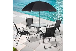 Shintenchi 6 Piece Patio Dining Set with Umbrella, Outdoor Furniture Set with 4 Folding Chairs and Tempered Glass Top Dining Table fot Lawn Backyard Garden Porch Black