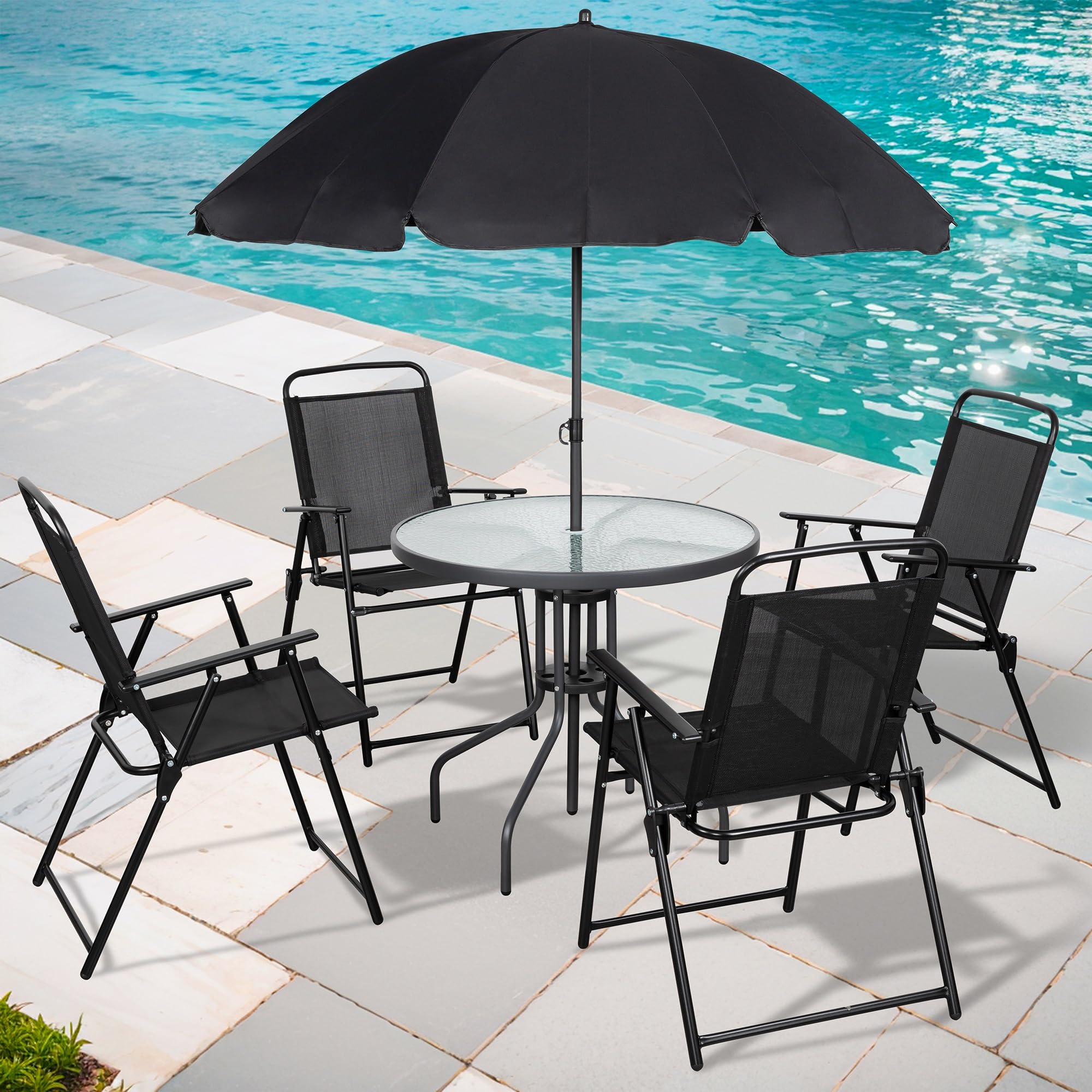 Photo 1 of ***MISSING PIECES*** ***READ CLERK NOTES*** Shintenchi 6 Piece Patio Dining Set with Umbrella, Outdoor Furniture Set with 4 Folding Chairs and Tempered Glass Top Dining Table fot Lawn Backyard Garden Porch Black