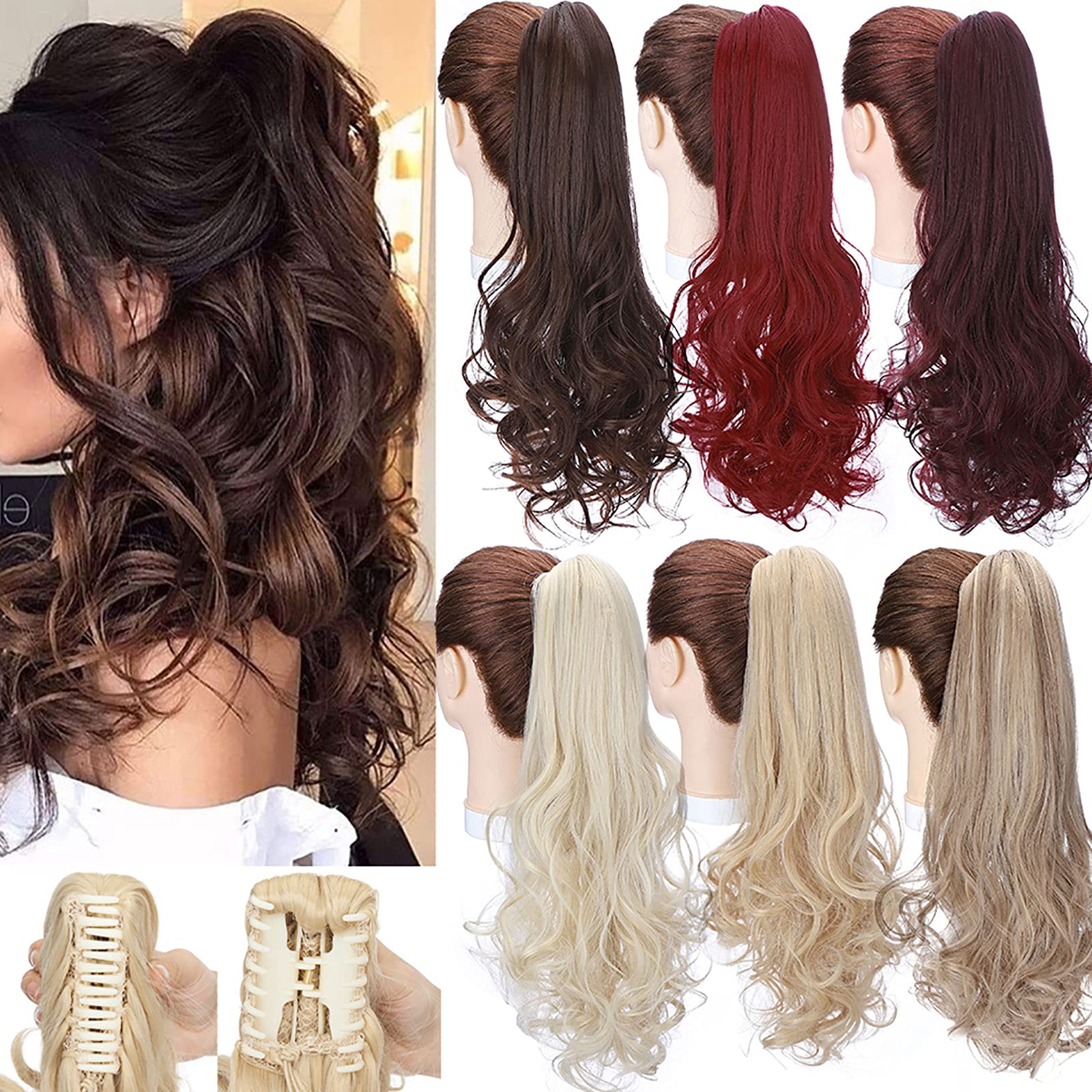 Fashion 18" Ponytail Extension Straight to Curly Ponytail Clip in Claw on Hair Extensions Natural Looking Synthetic Hairpiece for Women Dark Red