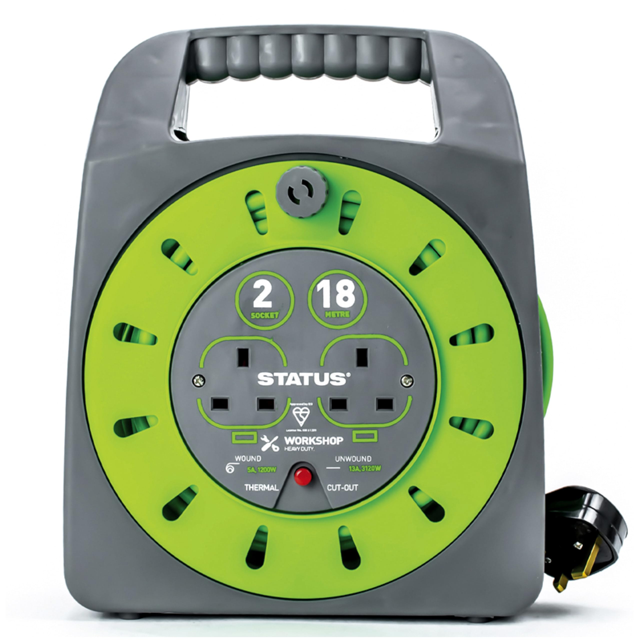 STATUS 2 Socket Cable Reel, 18m, Green Extension Lead, 13 Amp, Thermal Cut Out, Heavy Duty, Outdoor Power Supply, Ideal for Garden, Workshop, DIY, Power Tools (S18M2G13ACR4)