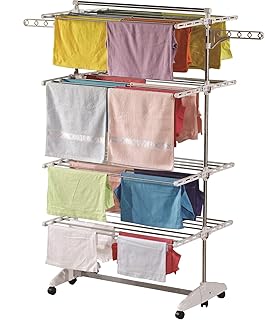 One Click Luxus Wäscheständer® E4, Seitenflügel auf 4 Ebenen, klappbarer Wäscheturm für große Familien