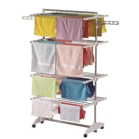 One Click Luxus Wäscheständer® E4, Seitenflügel auf 4 Ebenen, klappbarer Wäscheturm für große Familien