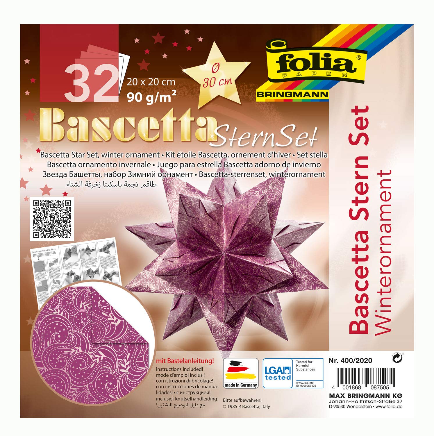 folia 400/2020 - Craft Set Bascetta Star Winter Ornament Purple/Silver, 32 Sheets, 20 x 20 cm, Finished Size of Paper Star Approx. 30 cm, with Detailed Instructions (English language not guaranteed) - — image 1