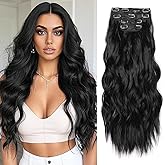 NOTICEME Clip in Long Wavy Synthetic Hair Extension 22 Inch Black 4PCS Thick Hairpieces Fiber Double Weft Hair for Women(1B)