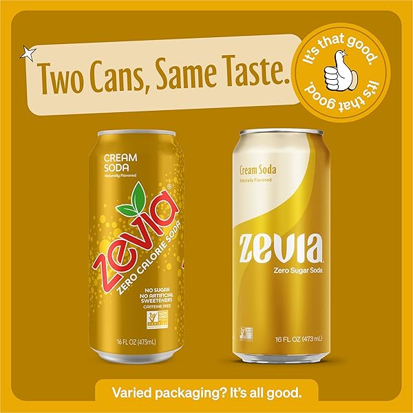 ZEVIA ZERO SUGAR SODA, CREAM SODA, 16 OZ CANS (12-PACK) – NATURALLY SWEETENED, NON-GMO PROJECT VERIFIED, GLUTEN-FREE, VEGAN