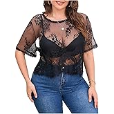 Floerns Women's Plus Size Lace Mesh Sheer Blouse Crew Neck Short Sleeve Crop Top