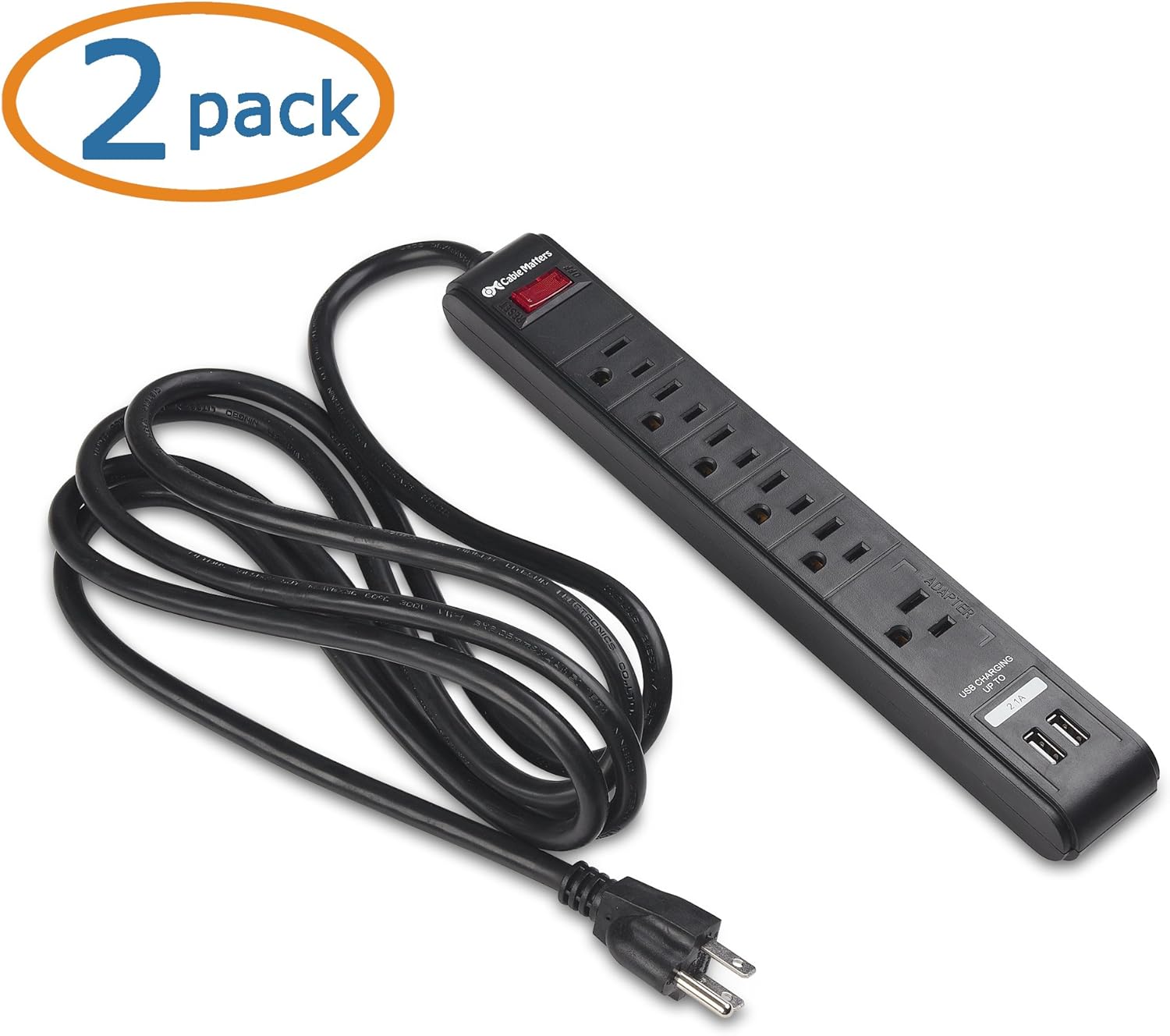 Cable Matters 2-Pack 6 Outlet Surge Protector Power Strip with USB Charging Ports, 300 Joules with 8 Foot Power Cord in Black: Electronics