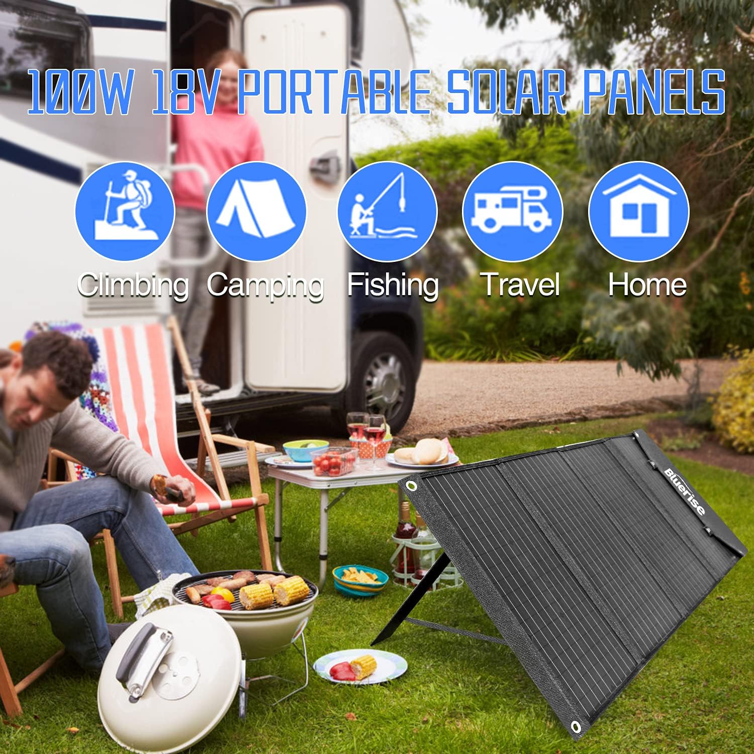 BLUERISE 100W Portable Foldable Solar Panel High Efficiency Flexible Solar Charger for Power Station Generator Phones with 5V 2 USB 1Type-C and 18V DC Ports for Outdoor Travel Camping Home : Garden & Outdoor