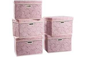 PRANDOM Large Foldable Storage Boxes with Lids [5-Pack] Fabric Decorative Storage Bin Cubes Organizer Containers Baskets with Cover Handles for Bedroom Closet Nursery Pink 17.7x11.8x11.8 Inch