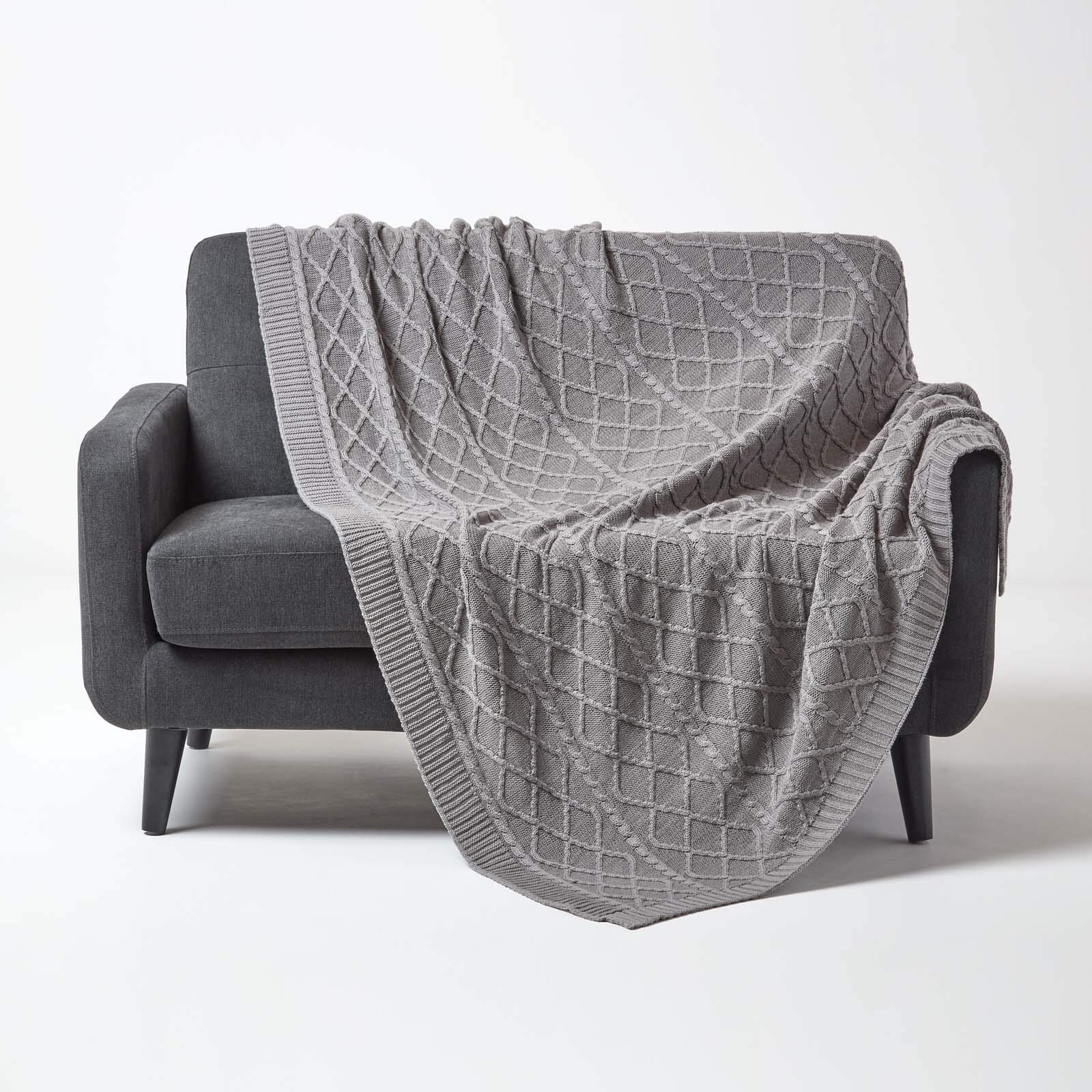 HOMESCAPES Luxury Grey Knitted Throw Large Cable Knit Cotton Blanket Hand Knit Warm and Cosy 100% Cotton Textured Diamond Pattern Sofa and Bed Throw, 150 x 200 cm