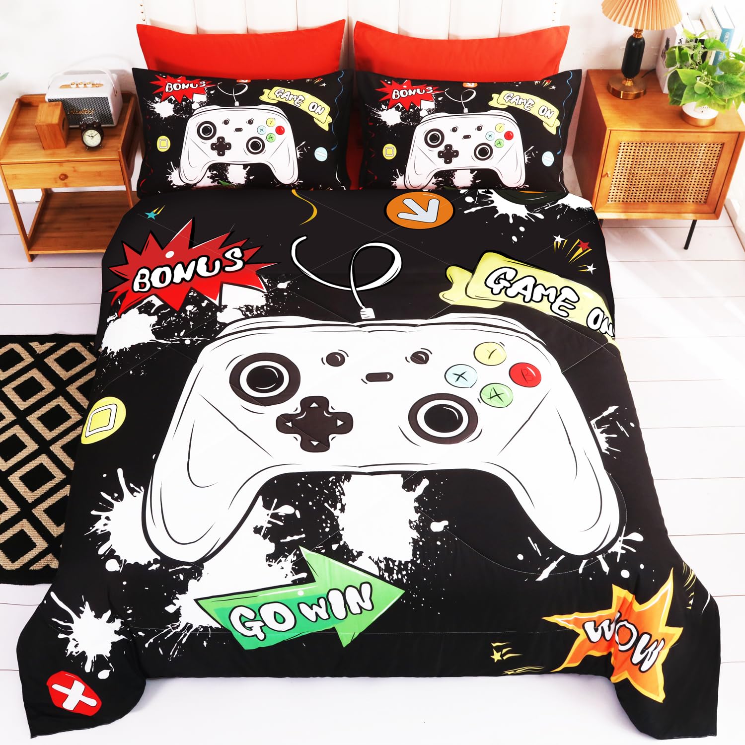 Wajade Kids Game Comforter Set Bed in A Bag Twin Size 7 Piece 3D Colorful Video Game Controller Bedding Set for Boys Girls (1 Comforter, 1 Flat Sheet, 1 Fitted Sheet, 2 Pillowcase and 2 Pillow Sham)