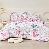 Mooreeke Twin Size Comforter Sets for Girls Kids, 6 Pieces Bed in a Bag Flower Butterfly Bedding Comforter Sheet Set with Shams and Decorative Toy Pillow, Ultral Soft Microfiber Kids Bed Set
