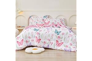 Mooreeke Twin Size Comforter Sets for Girls Kids, 6 Pieces Bed in a Bag Flower Butterfly Bedding Comforter Sheet Set with Shams and Decorative Toy Pillow, Ultral Soft Microfiber Kids Bed Set