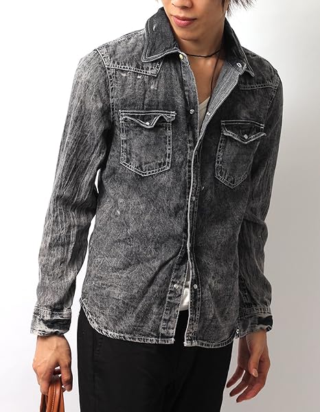 Amazon リピード Repido デニム シャツ メンズ 長袖 ケミカル ウォッシュ 加 ブラック M シャツ 通販