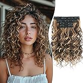 Aisaide Curly Hair Extensions, 4PCS 12 inch Clip in Hair Extensions Short Soft Natural Hairpiece Lace Weft Curly Wave Clip Ins Extensions Invisible for Women,Chocolate Brown with Ash Blonde Highlight