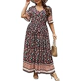 Nemidor Plus Size Women Summer Maxi Dress Floral Print Short Sleeve V Neck Casual Boho Long Dresses with Pocket