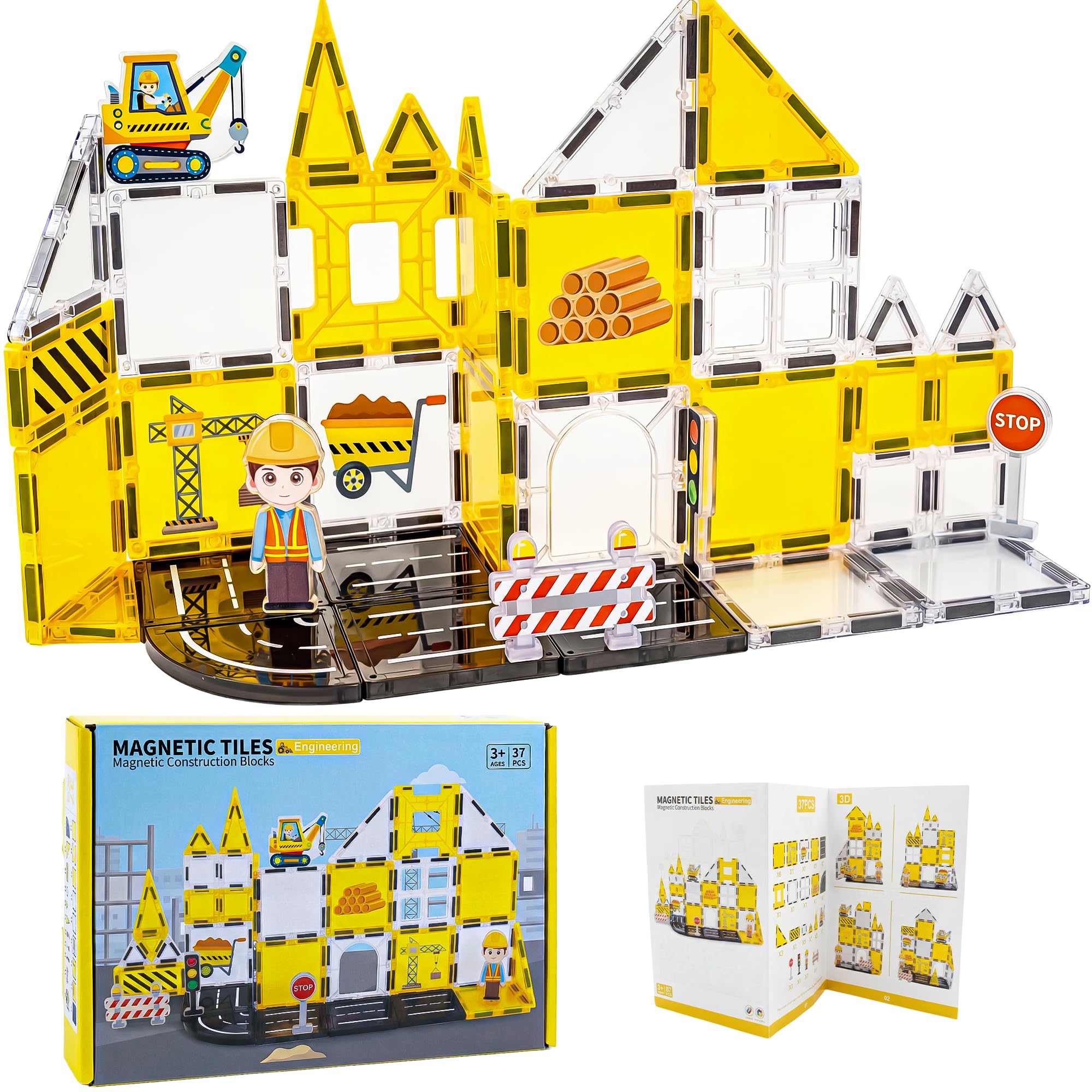 LADFAR Engineering Magnetic Tiles for Kids Ages 3+, STEM Building Tiles Set with Roads, Crane & Vehicles, Creative Learning Toy for Toddlers, Gift for Boys and Girls