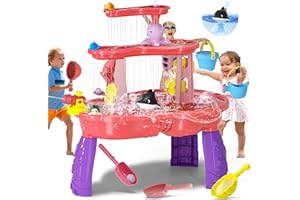 maysida Rain Showers & Kids Water Tables, Outdoor Toddler Activity Table, Auto Electric Self-Priming Pump Sensory Play Table for Boys Girls Ages 3-12, Beach Sand Outside Summer Water Toy, Pink&Purple