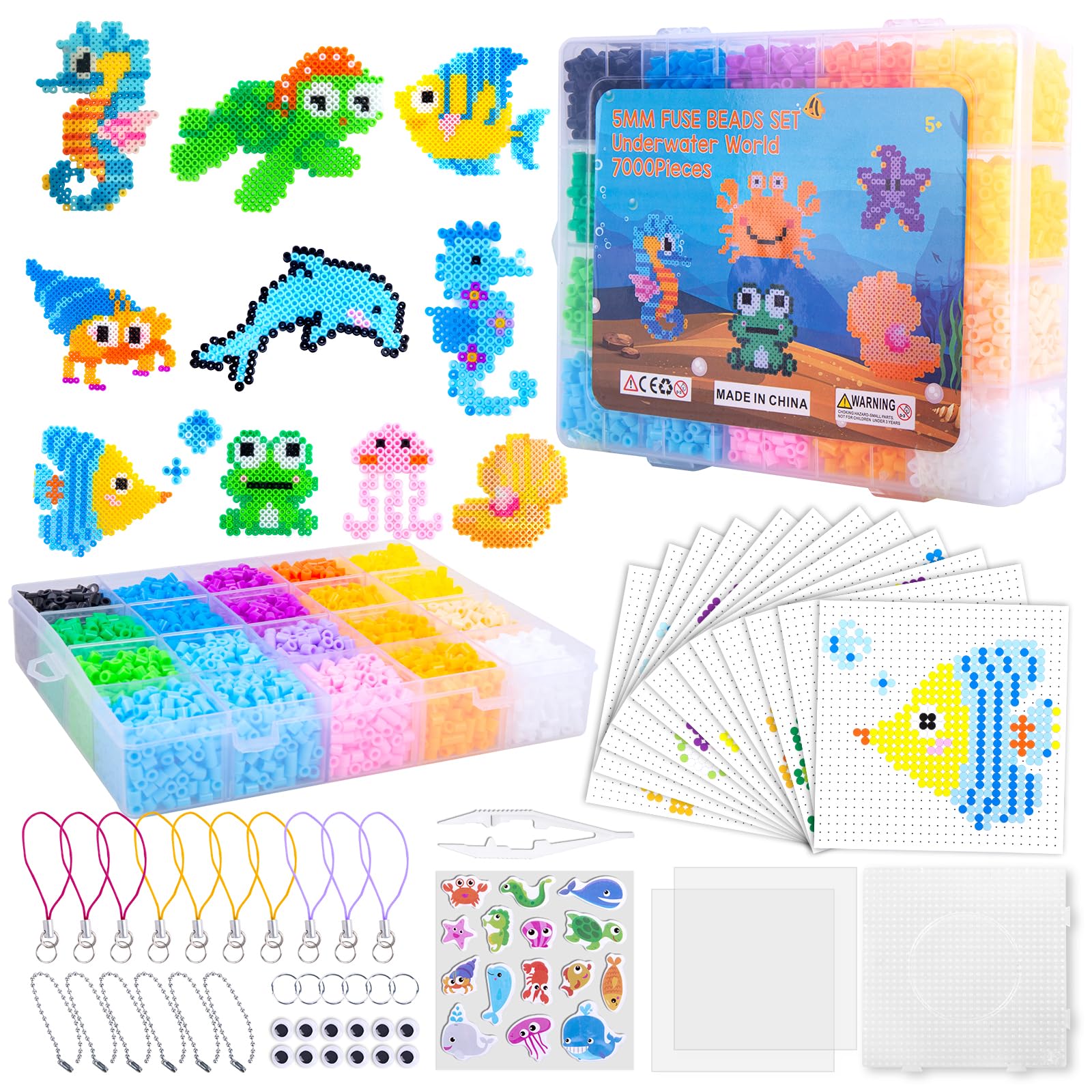 Wzone 7000 Pieces Fuse Beads Kit, 5mm Beads with Pegboards, Tweezers, 1:1 Color Pictures for DIY 12 Modes of Ocean Animals, Design Embellishments and 3D Children's Gift Craft Ideas