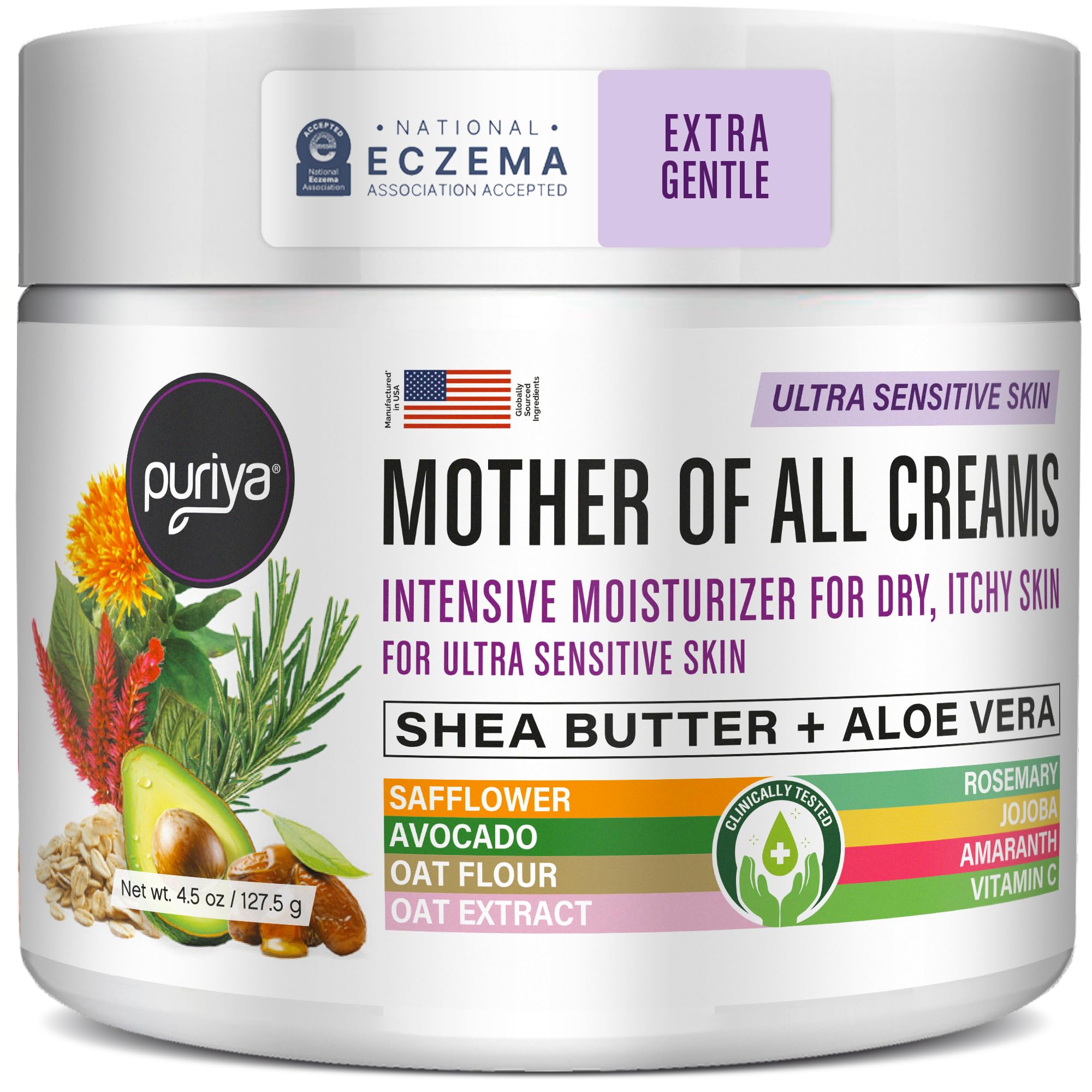 Puriya National Eczema Association Accepted Cream 4.5 oz, Dry Itchy Skin Relief, Colloidal Oatmeal Lotion, For Kids, Adults, Face, Hands, Mother of All Creams, Plant-Based Hydration,No Fragrance Added