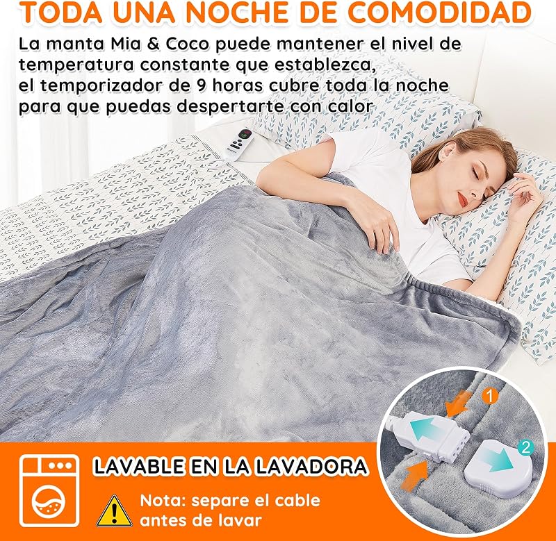 Grande cama de cobertor térmico elétrico 160x130cm, 10 níveis de calor e 1 ~ 9 horas de temporizador de desligamento automático e display digital, lavável na máquina, sherpa de flanela