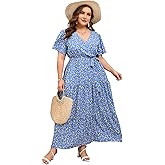ShopWonder Womens Plus Size V Neck Wrap Maxi Dress High Waist Ruffle Summer Casual Dress with Belt