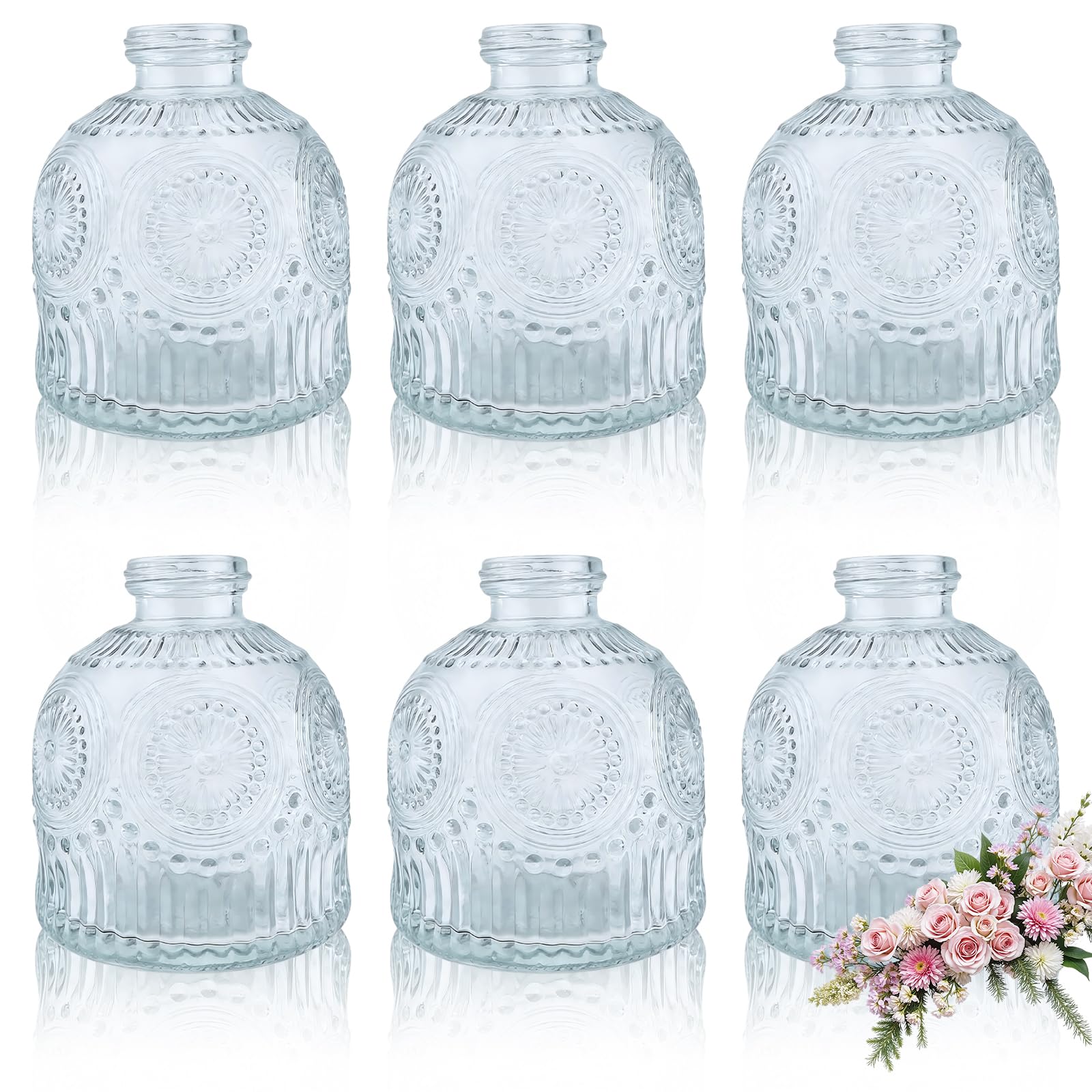 MEETOZ Glass Bud Vases Set of 6,Mini Vintage Bottles,for Home Wedding Party Event Office,Petite Modern Glass Flower Vase Floral Arrangements (Transparent-X)
