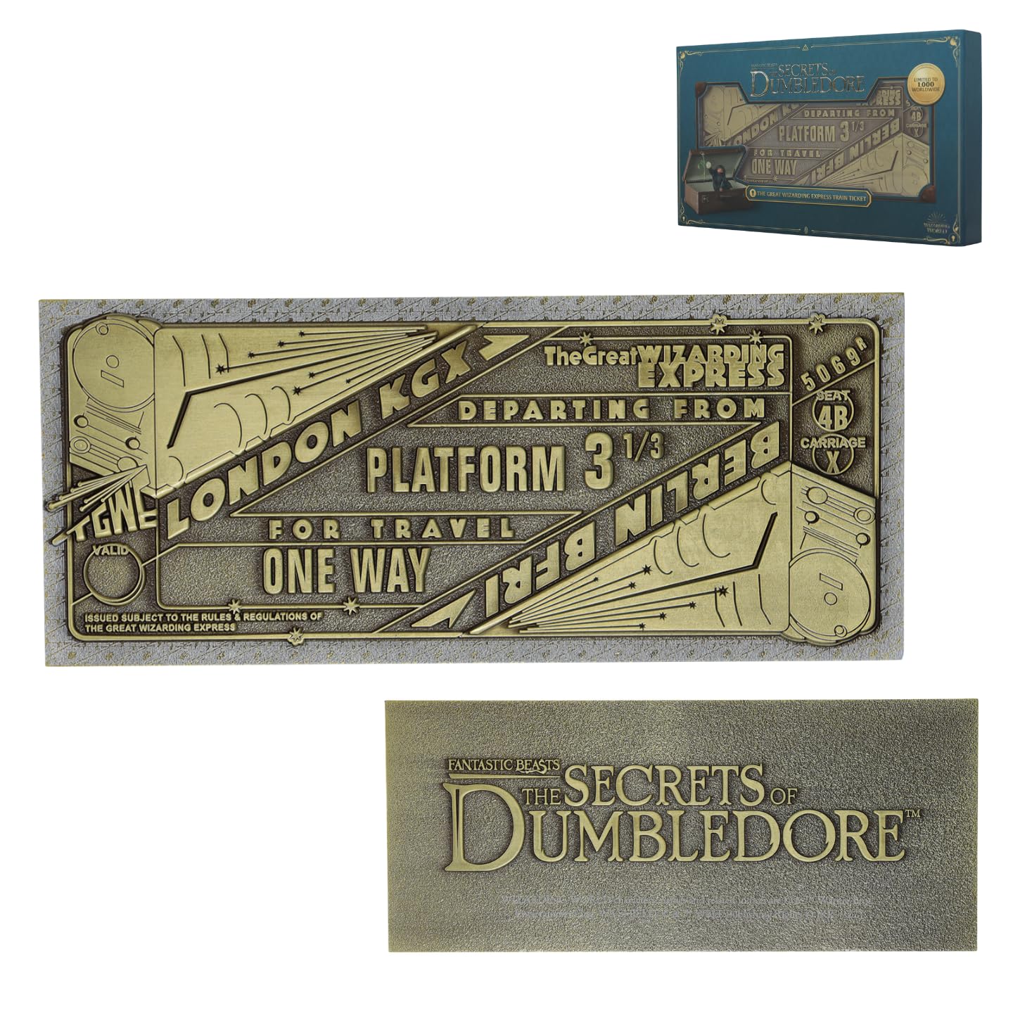 Fantastic Beasts Great Wizarding Express Train Ticket - Limited Edition Metal Collectible - Officially Licensed, Individually Numbered 1,000 Worldwide with Display Stand