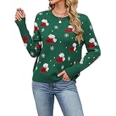 SunnyMelody Women‘s Cute Christmas Sweater, Snowflake Tree Print Knit Pullover, 2025 Cozy Funny Holiday Party Ugly Xmas Tops