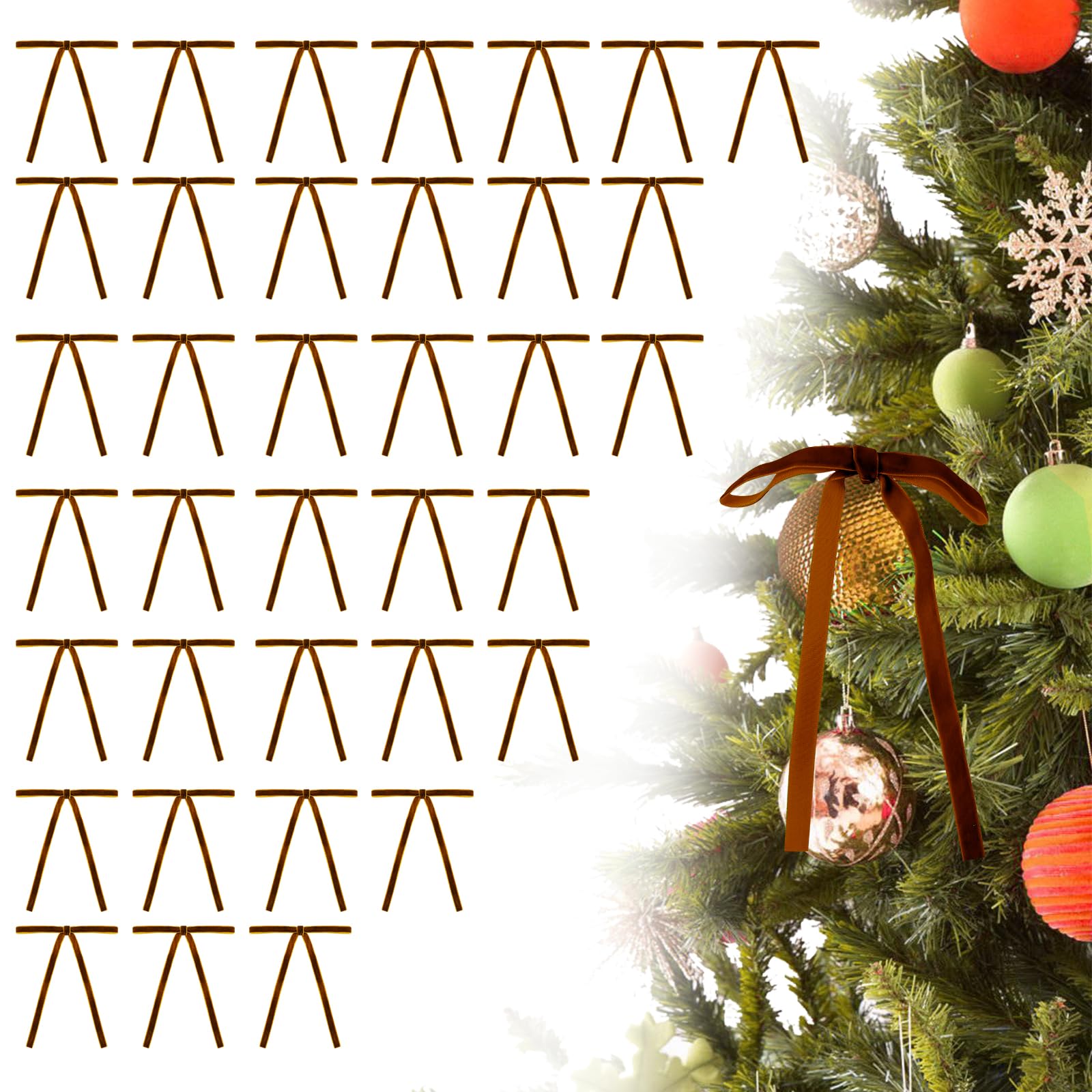 Photo 1 of 36 Pcs Brown Velvet Ribbon Bows for Christmas Tree – Clip-On Style, Pre-Tied Use | Perfect Xmas Ornaments for Garland, Wreath, Indoor & Outdoor Decor (5 x 7 Inches,3/8'' Width)