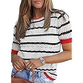 Dokotoo Women's Short Sleeve Sweater Crew Neck Crochet Knit Hollow Out Pullover Top