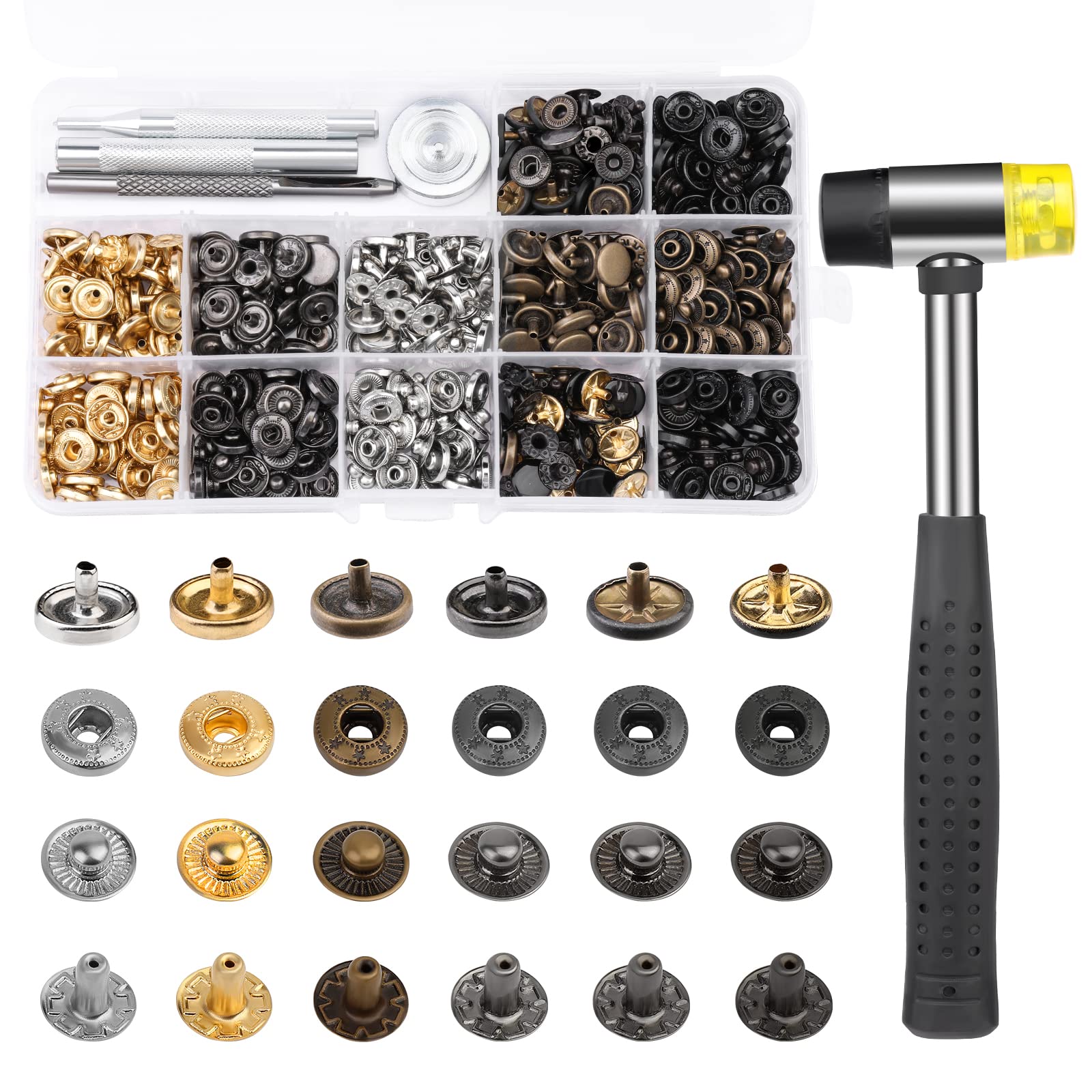 TLKKUE 120 Sets Snap Fasteners Kit, 10mm Snap Buttons with Rubber Hammer, 6 Color Metal Snap Buttons Press Studs with 4 Setting Tools, Snaps for Fabric, Clothes, Jackets, Jeans Wears, Bags, Leather