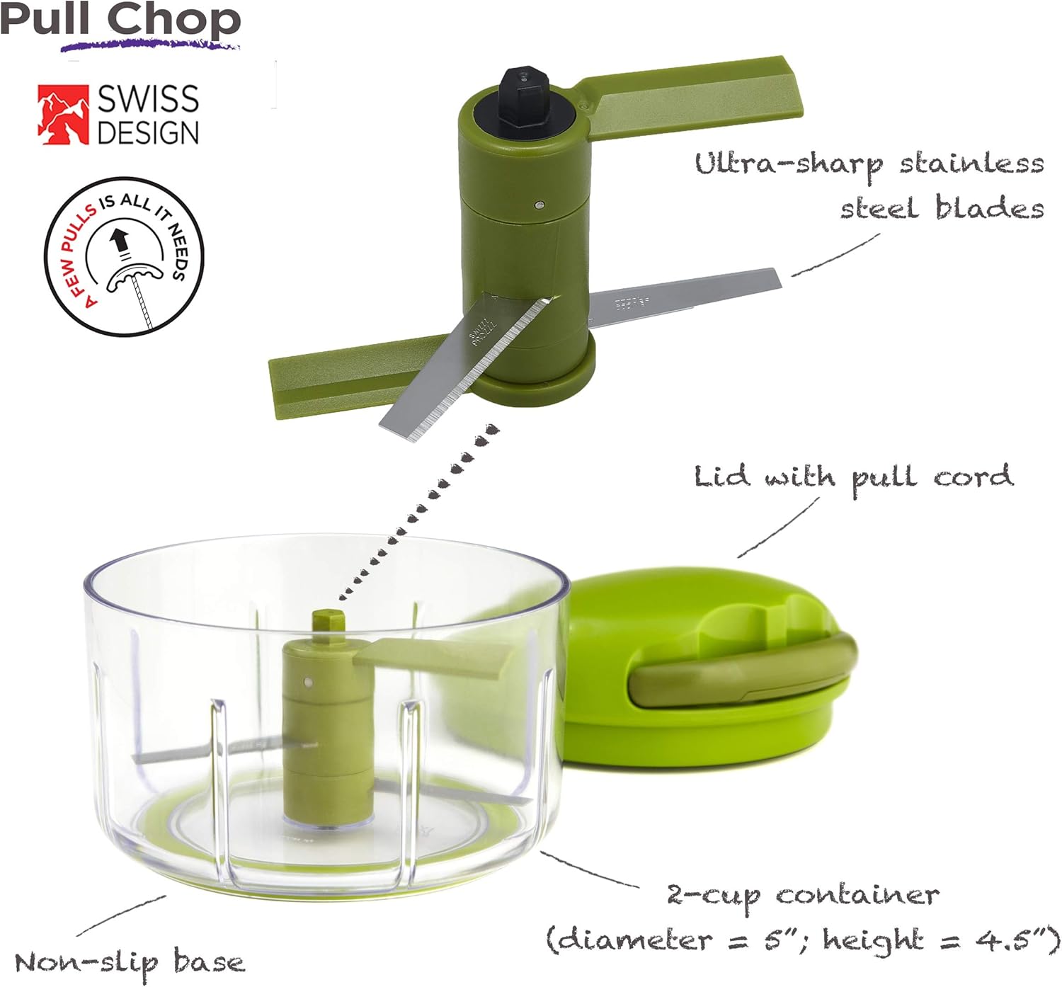 Kuhn Rikon Pull Chop Chopper/Manual Food Processor with Cord Mechanism, Green, 2-Cup: Choppers: Kitchen & Dining