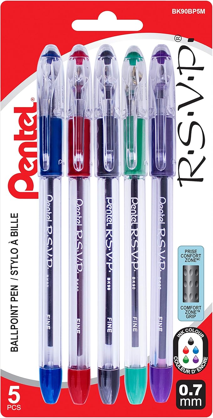 Pentel RSVP Ballpoint Pen, 0.7mm Fine Point, Assorted (Black, Blue, Red, Green, Violet) Ink, 5
