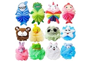 12 Pcs Kids Bath Loofahs Bath Sponge Cute Shower Ball Cartoon Animal Mesh Pouf Colorful Body Scrubbers for Girls Boys Washing