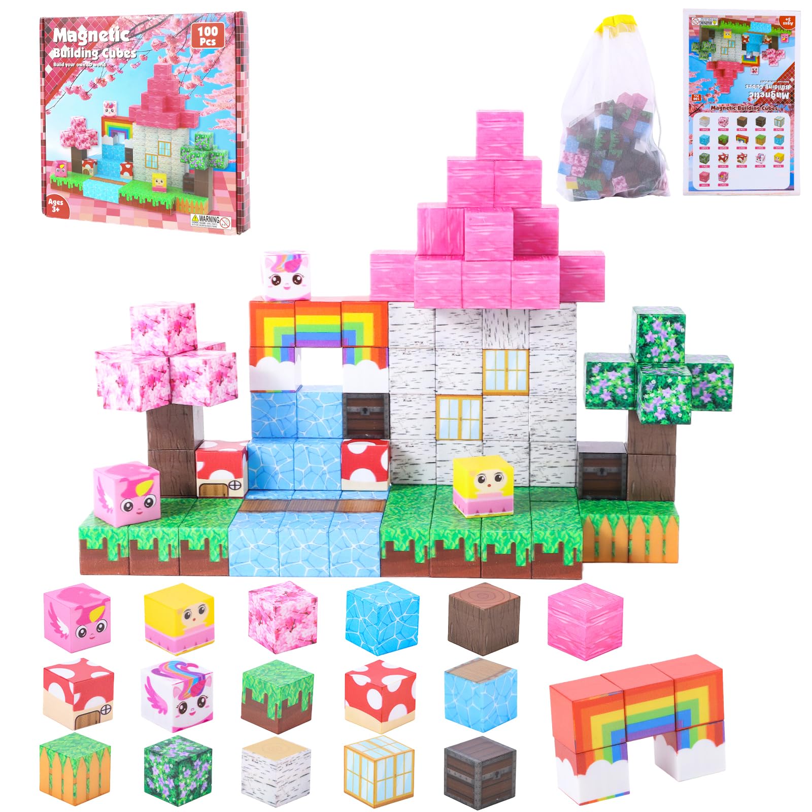 MEESHEEP Magnetic Blocks Unicorn Sakura Rainbow Cubes, Build Models Shown in Pictures | STEM Montessori Toys for Girls & Boys Age 3-10 | Inspiring Creativity, Imagination and Confidence | Stowable