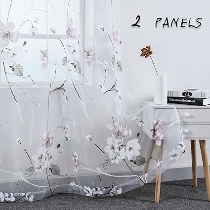 Pink Burnout Transparent Sheer Curtains Peach Blossom Design Rod Pocket Drapes Window Voile Panels For Girls Bedroom Living Room Set Of 2 Panels 52 By
