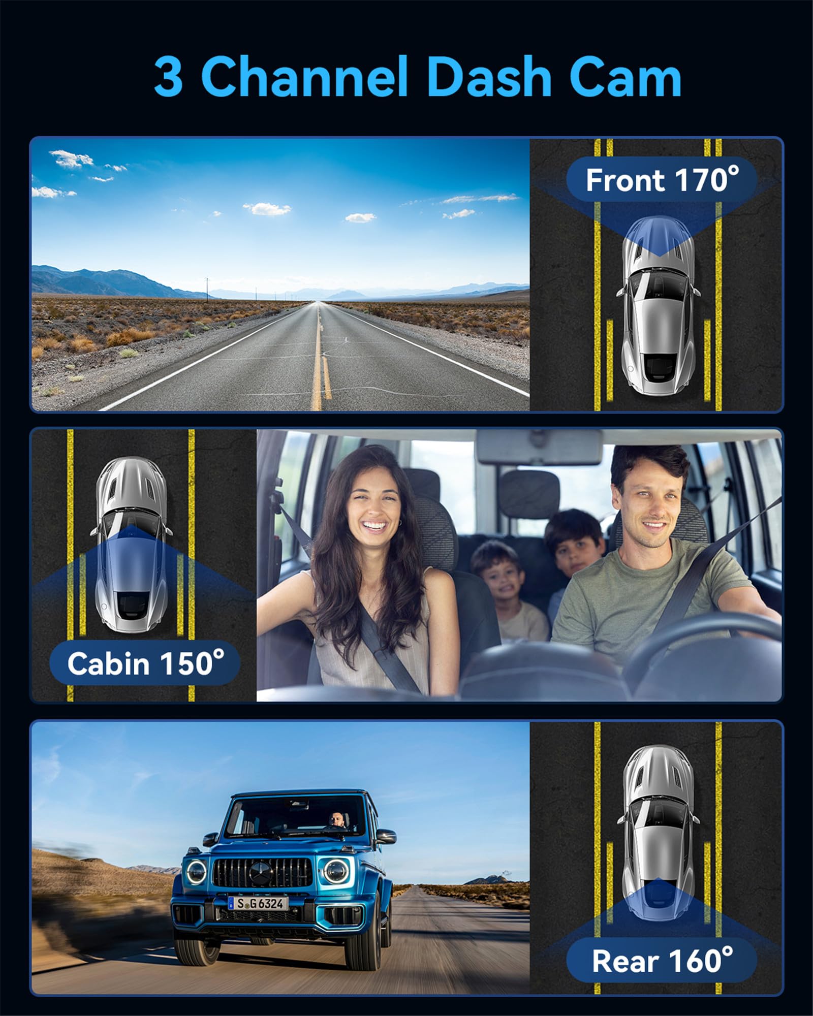 Condition photo showing New/Like New for dash cam front and rear inside 3 channel, 4k full uhd dash camera for cars built-in 32gb card with i