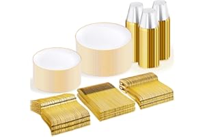 WDF 300PCS White and Gold Plates - Wedding Plastic Dinnerware Set for 50 Guests Include 50 Dinner & 50 Cake Plates, 50 Cutlery, 50 Cups for Wedding, Birthday, Thanksgiving Party