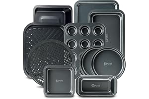 Baking Pan 10 Piece Set Nonstick Carbon Steel Gray Oven Bakeware Kitchen Set, 2 Cookie Sheets, 2 Round Cake Pans, Square Pan, Roasting Pan, Loaf Pan, Crisp Pan, Pizza Crisper, & Muffin Pan by PERLLI