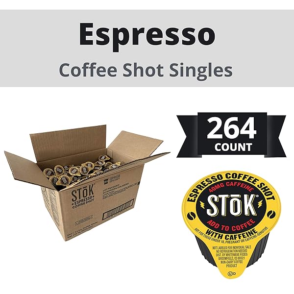 STOK ESPRESSO COFFEE SHOTS, BLACK, UNSWEETENED, DARK ROAST COFFEE, READY TO DRINK, USE FOR LATTES, AMERICANOS, 13 ML PODS, 264 COUNT