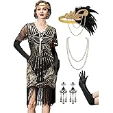 YESSA 1920s Flapper Dresses for Women,Sheer Beaded Sleeves Great Gatsby Dresses Roaring 20s Dresses Costumes with Accessories