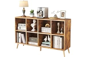 Flrrtenv 8-Cube Bookshelf 2 Tier Retro Bookcase with Legs, 47" Wood Bookshelves Storage Organizer Shelf, Freestanding Open Bo