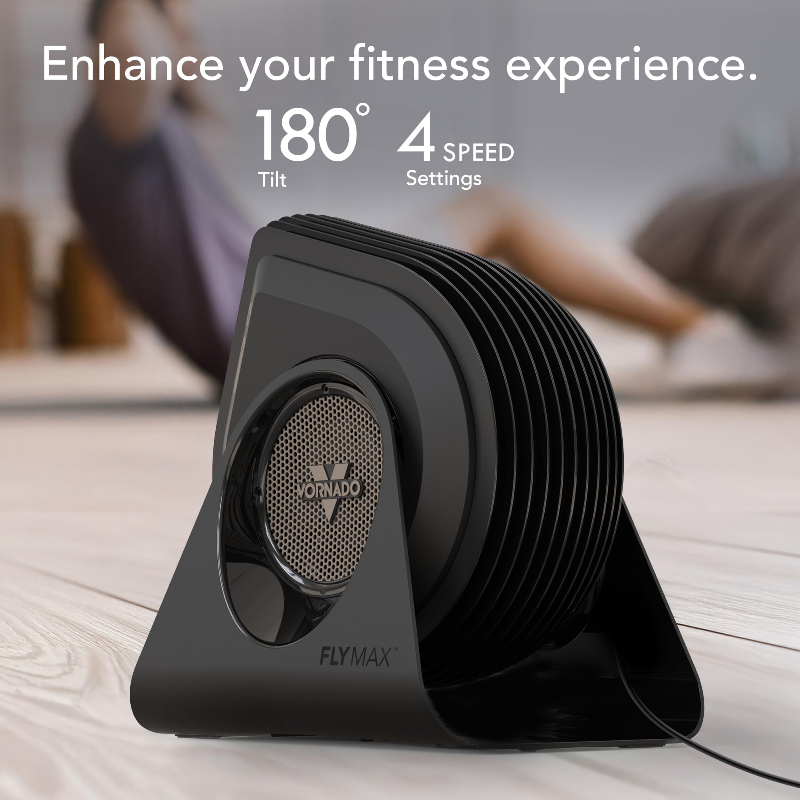 Vornado FLY MAX High Velocity Fitness Floor Fan, Omnidirectional Remote with Equipment Straps, 4 Speed Settings, Adjustable Tilt, Whole Room Circulation, Powerful Fan for Training Sessions, Black